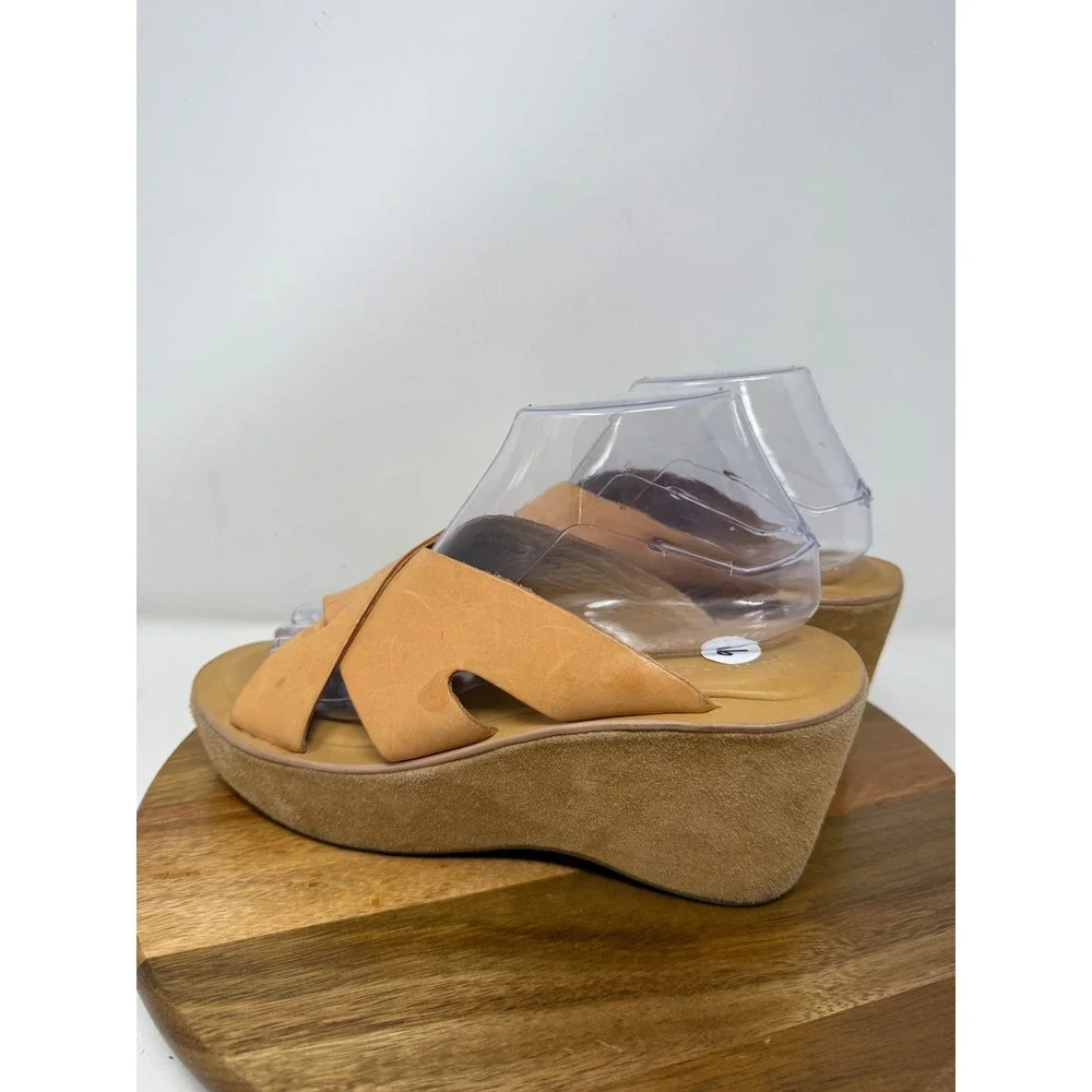 Kork-Ease Womens Tan‎ Leather Crisscross Platform Wedge Slide Sandals Size 9